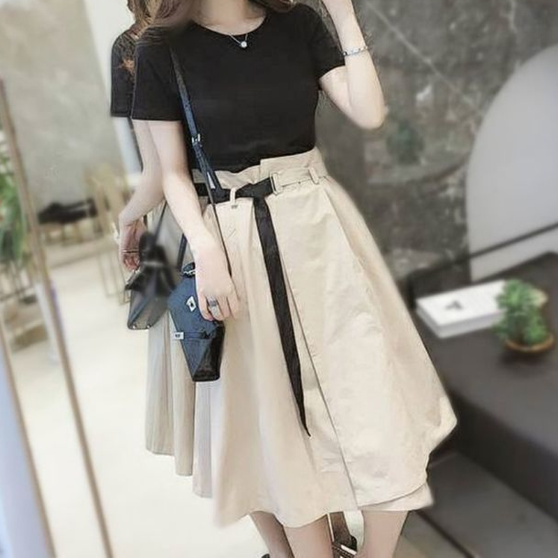 Street Fashion Korean - 女性用ラウンドネック半袖スリムTシャツ,女性用スーツ,単色,韓国スタイルのスカート,新しいファッション,夏