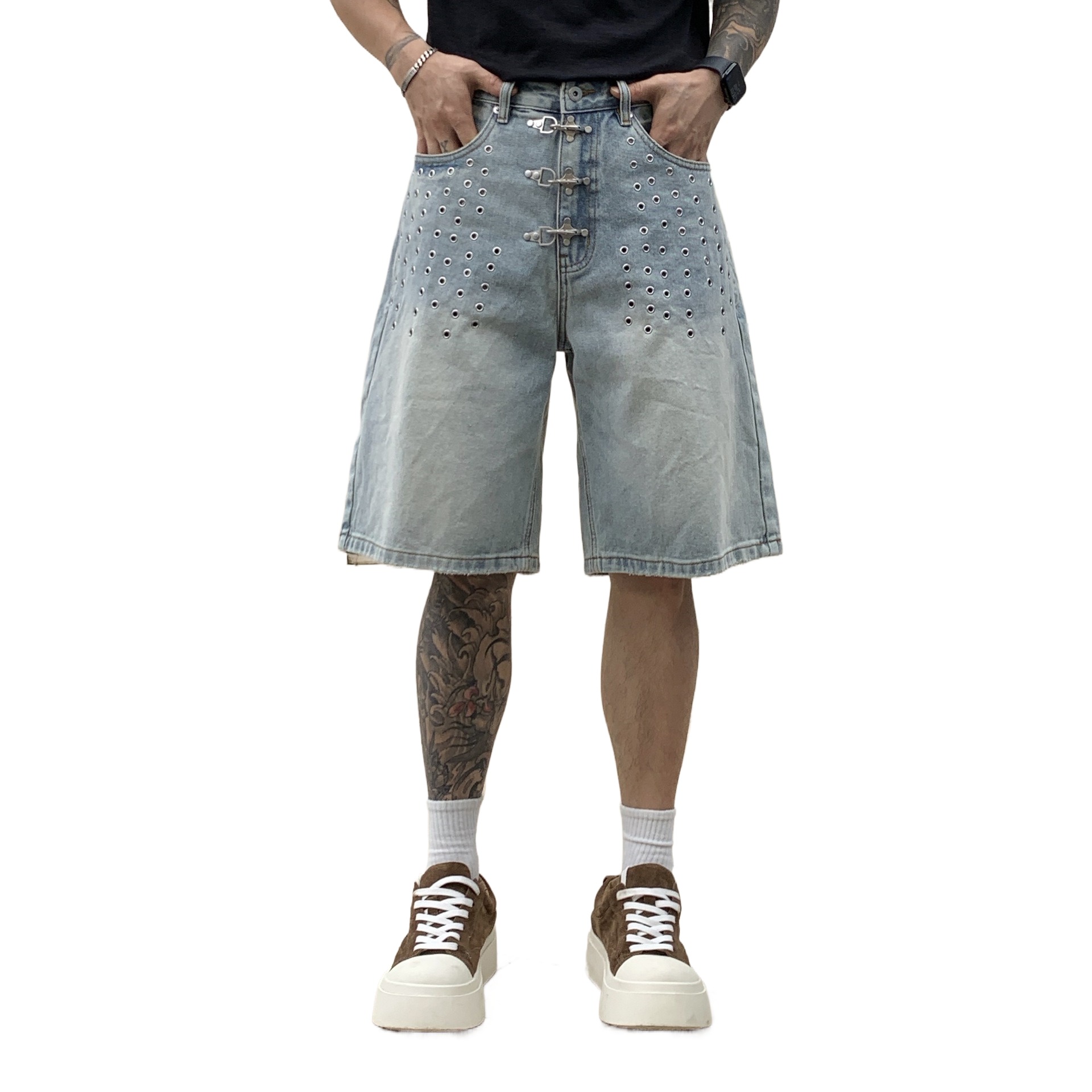 Street Fashion Hip Hop - メンズファッション ルーズフィット バイブスタイル ヒップホップ ショートジーンズ メタル装飾