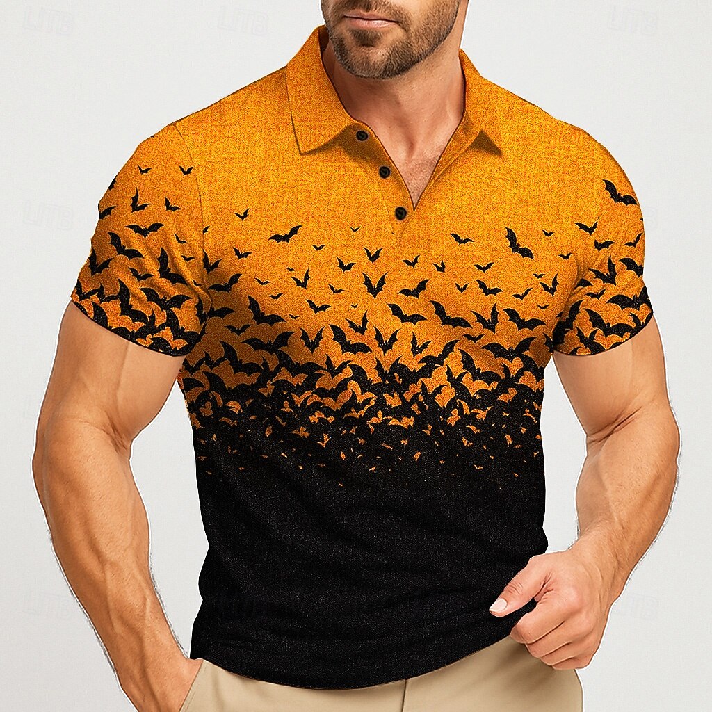 Street Fashion Men 2025 - 2025年ハロウィン メンズ バットファッション 半袖ポロシャツ 襟付きシャツ カジュアルトップス