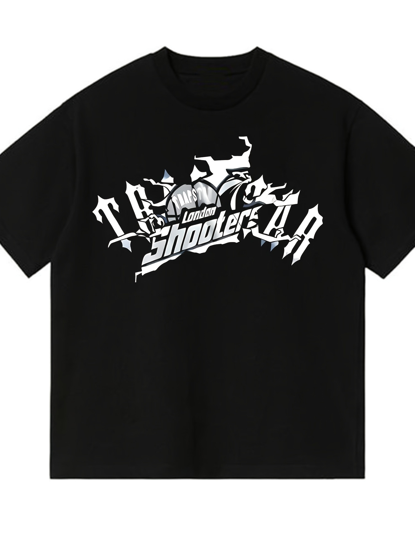 Street Fashion In London - 2026年新作 ブラックコットンTシャツ、ロンドンシューターパターンプリント、Y2KゴシックストリートスタイルTシャツ、アーバンヒップホッププリント。