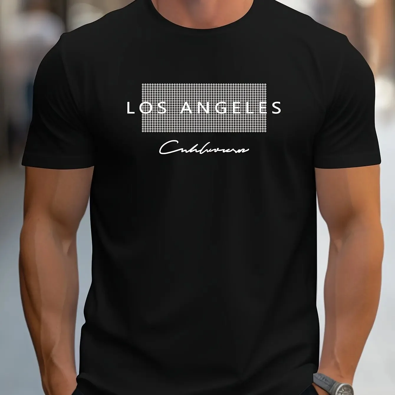 Street Fashion Los Angeles - 夏のメンズカジュアルルーズTシャツ、ロサンゼルスレタープリントTシャツ、メンズストリートクルーネックTシャツ、デイリースポーツ半袖トップス
