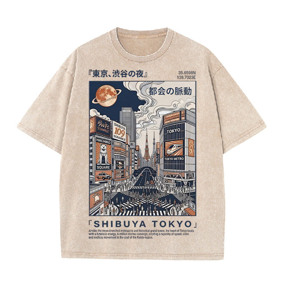 Street Fashion Shibuya - 2026 ヴィンテージ ウォッシュド ベージュ 東京渋谷市街グラフィック Tシャツ
