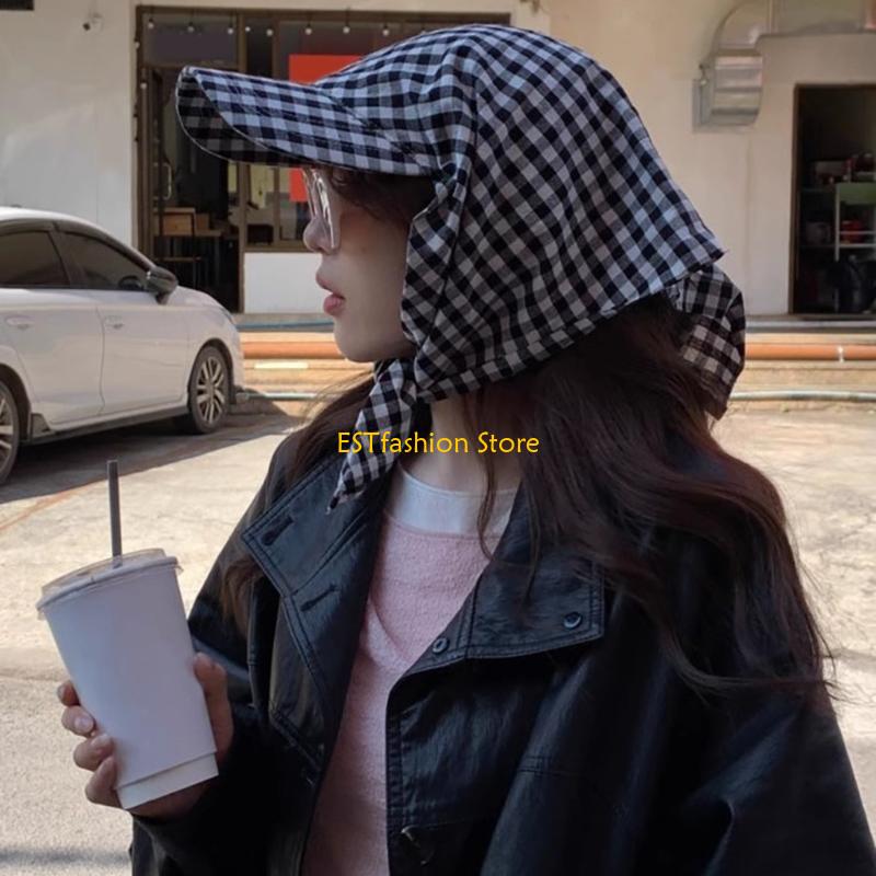 Street Fashion Reference - Y5GC 人気のスカーフ帽子チェック柄ヘッドスカーフ帽子ファッション女性ティーン普段着