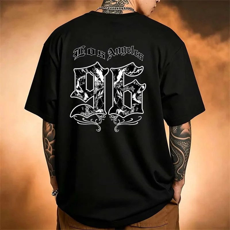 Street Fashion Los Angeles - メンズ服ロサンゼルス 96 プリント Tシャツ夏ゴシックカジュアルファッションハイストリートトップスクルーネック半袖コットン Tシャツ