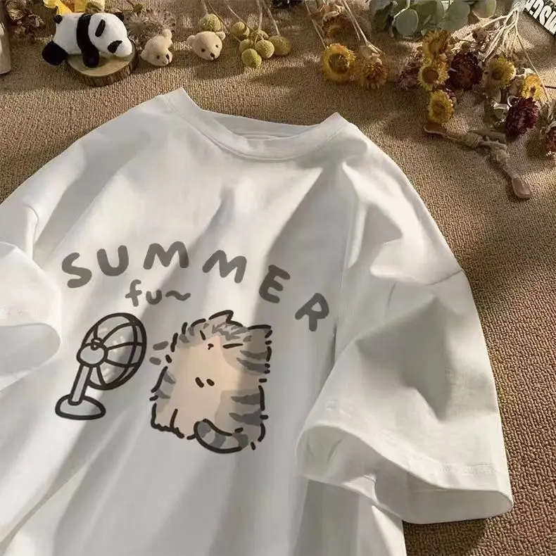 Street Fashion Couple - 韓国ファッションストリートクリエイティブブローファン猫プリントコットン Tシャツ女性男性夏の快適な半袖カップル服