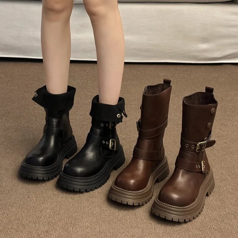 レディースレトロアンクルブーツ 2026 ブラウン ファッシ - Street Fashion Korean のレビューと価格