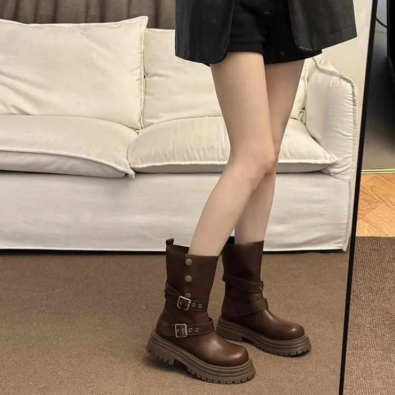 レディースレトロアンクルブーツ 2026 ブラウン ファッシ - Street Fashion Korean のレビューと価格
