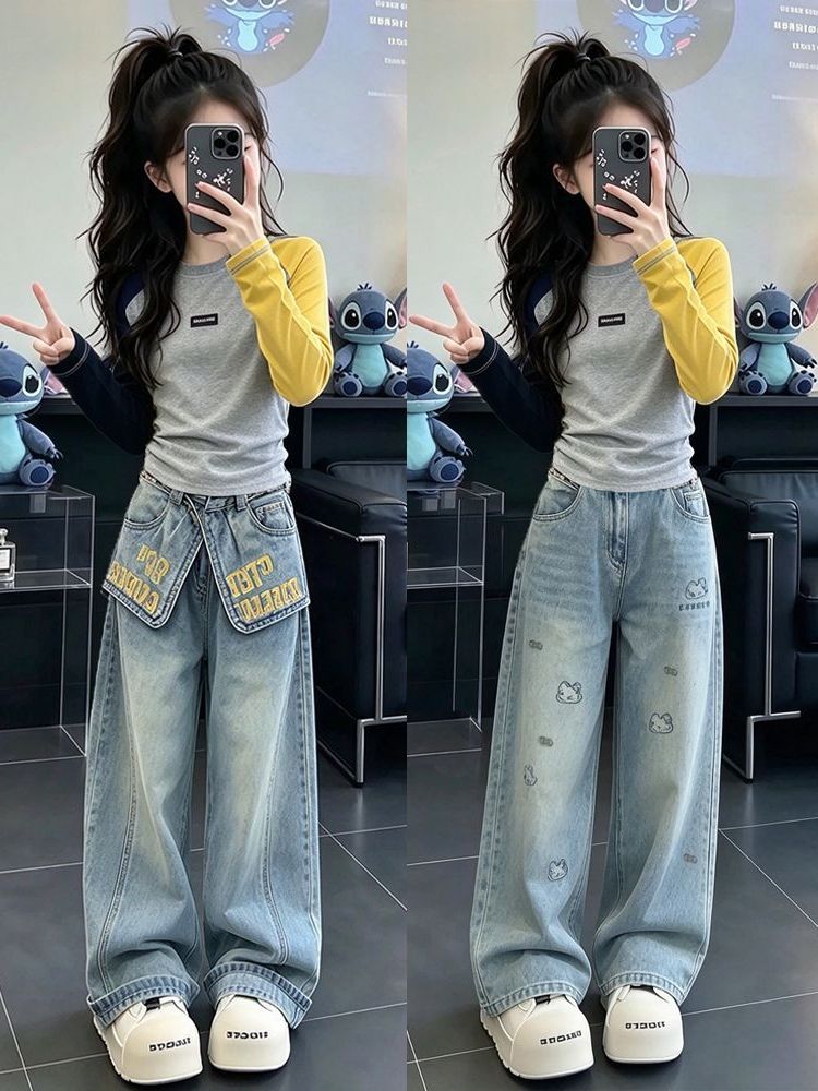 女の子用カジュアル長袖デニムセットアップ 秋シーズン向け ツ - Street Fashion Korean のレビューと価格