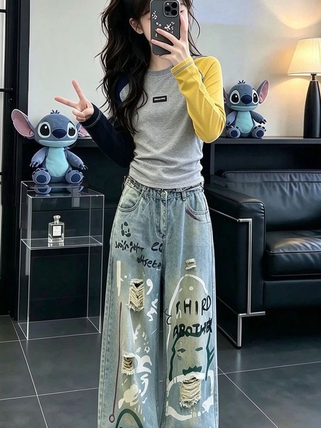 女の子用カジュアル長袖デニムセットアップ 秋シーズン向け ツ - Street Fashion Korean のレビューと価格