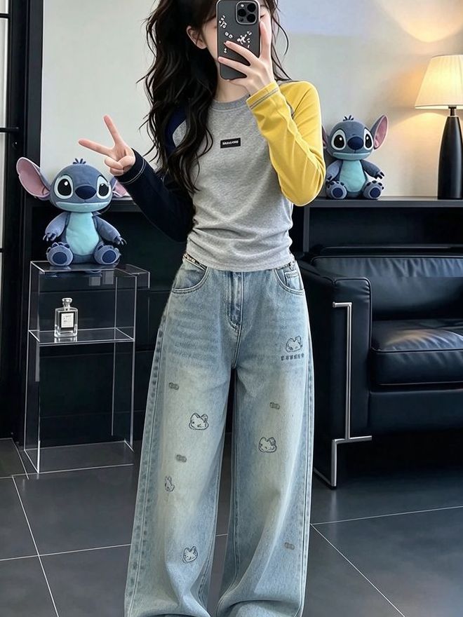女の子用カジュアル長袖デニムセットアップ 秋シーズン向け ツ - Street Fashion Korean のレビューと価格
