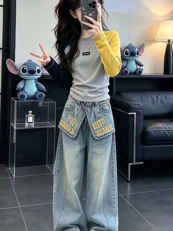 女の子用カジュアル長袖デニムセットアップ 秋シーズン向け ツ - Street Fashion Korean のレビューと価格