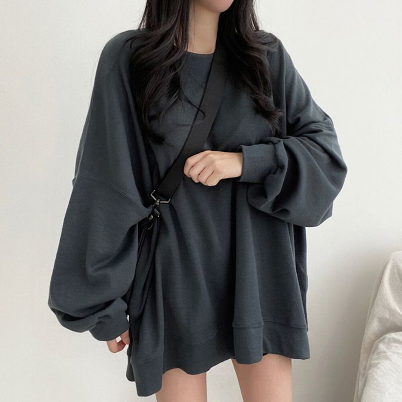 女性用長袖ラウンドネックTシャツ,韓国のファッション,無地, - Street Fashion Couple のレビューと価格