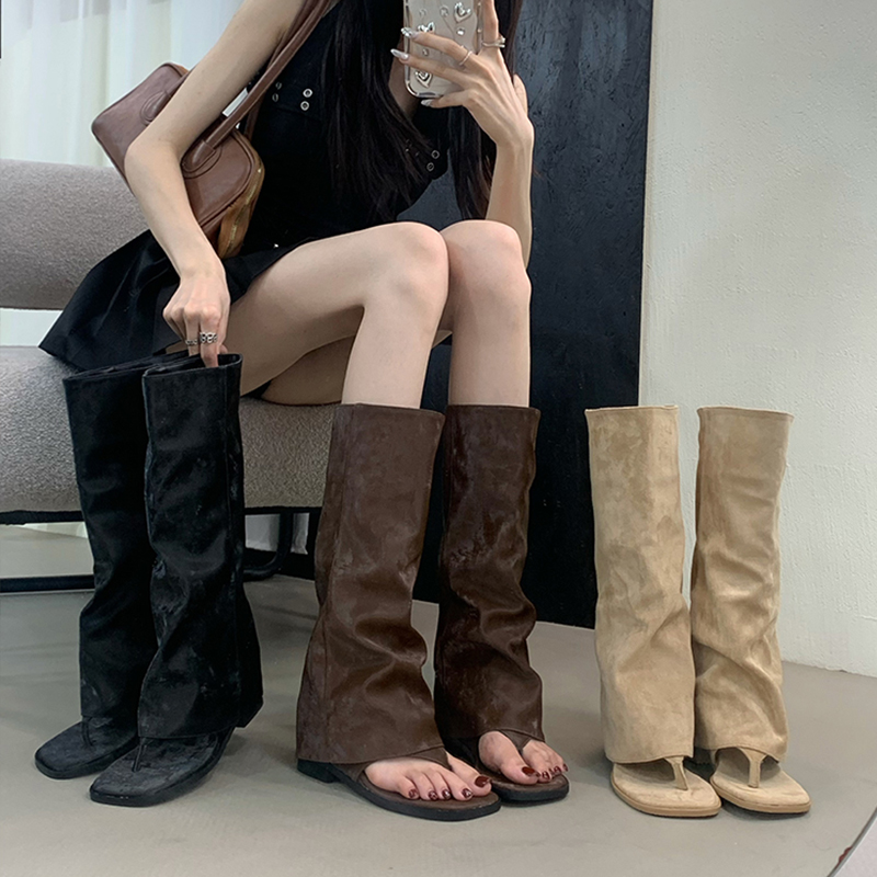 中空デザインの女性用ブーツ ベルベットカフ ミッドカーフ フ - Street Fashion Korean のレビューと価格