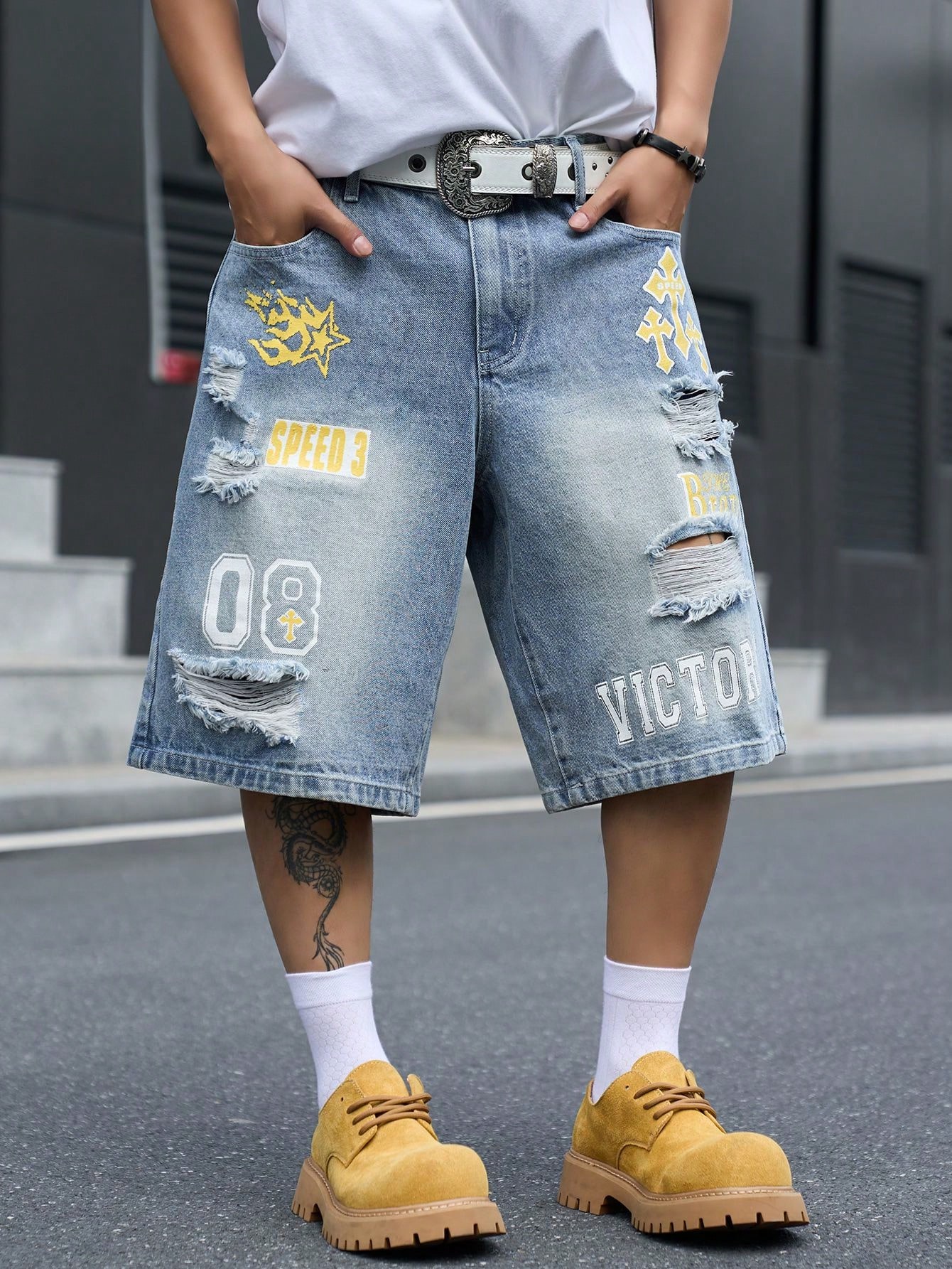 メンズ ルーズフィット デニム バミューダ ショーツ、ヴィン - Street Fashion Hip Hop のレビューと価格